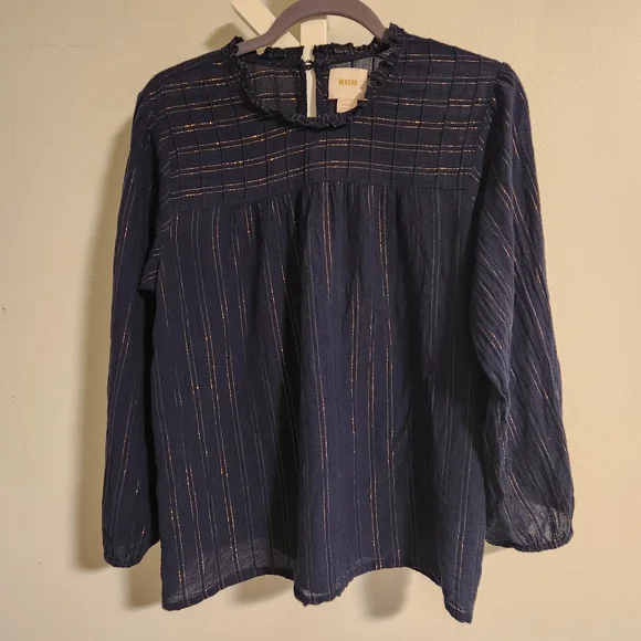Anthropologie Maeve Reston Blouse | Navy Gold Metallic‎ Stripe Large, Like New! - Picture 4 of 10